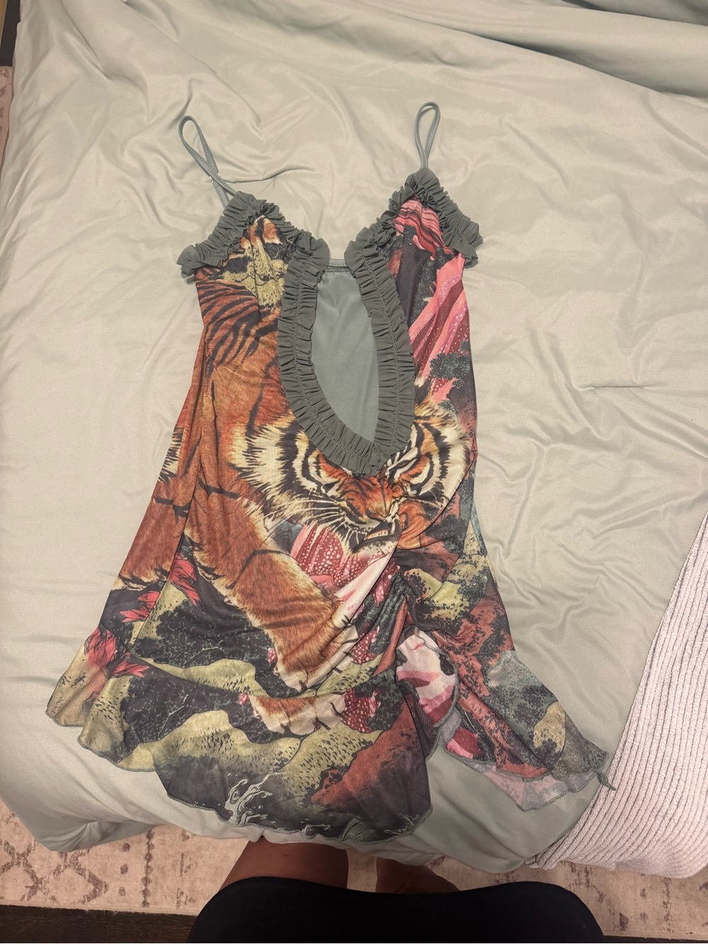 SHEIN Multicolor Tiger-Print Ruffle Trim Slip Dress